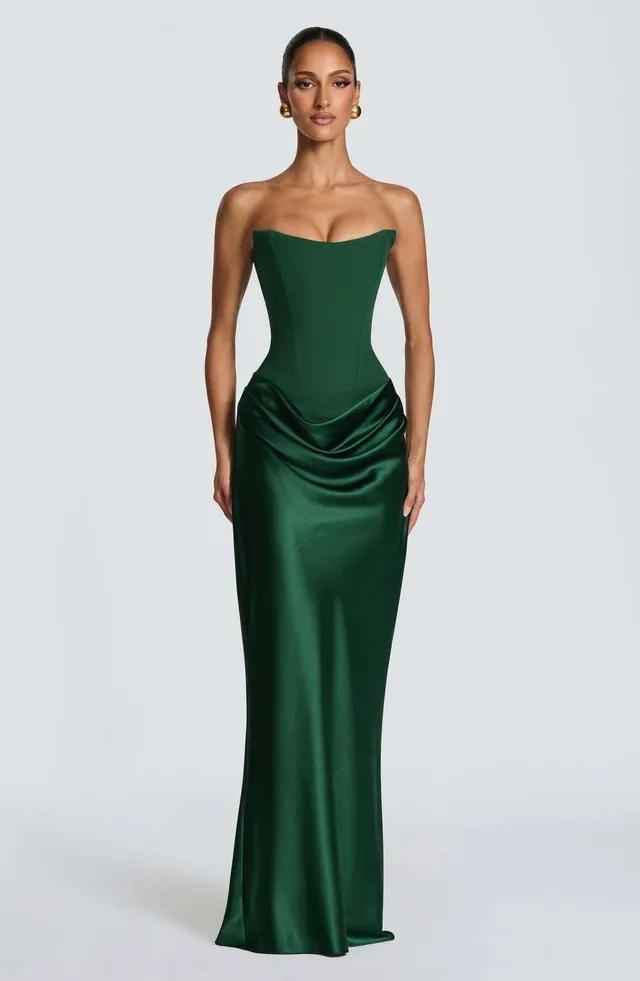 Norielle saténové bustier šaty dlouhé tmavě zelené
