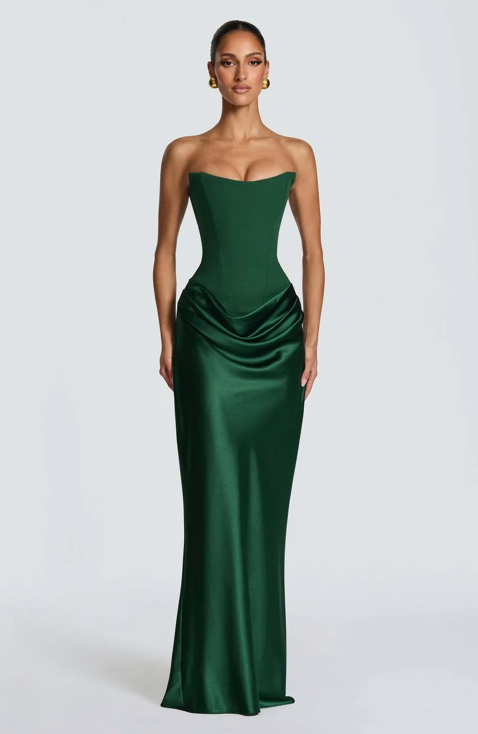 Norielle saténové bustier šaty dlouhé tmavě zelené