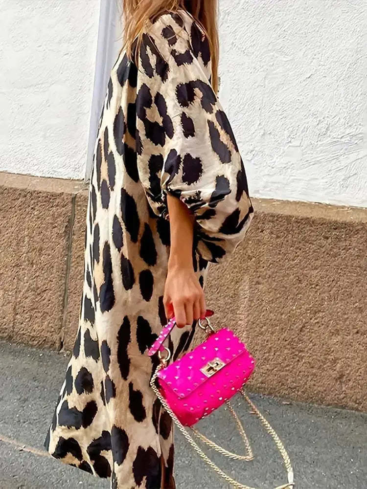 Norielle leopardí maxi šaty volný střih dlouhý rukáv