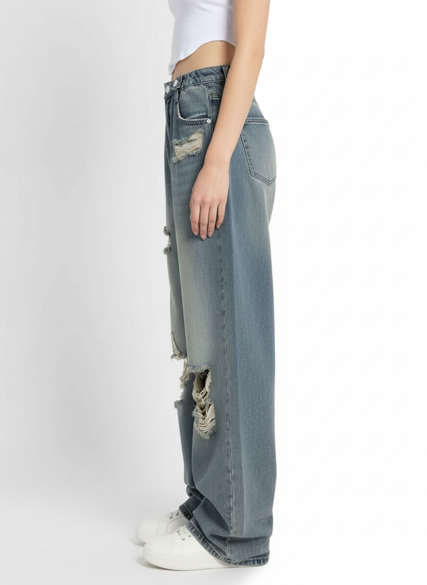 Norielle široké potrhané džíny high waist modré