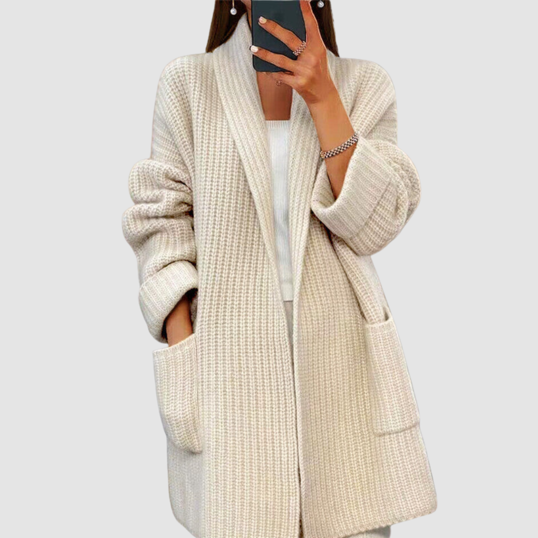 Norielle dlouhý cardigan žebrovaný camel s kapsami