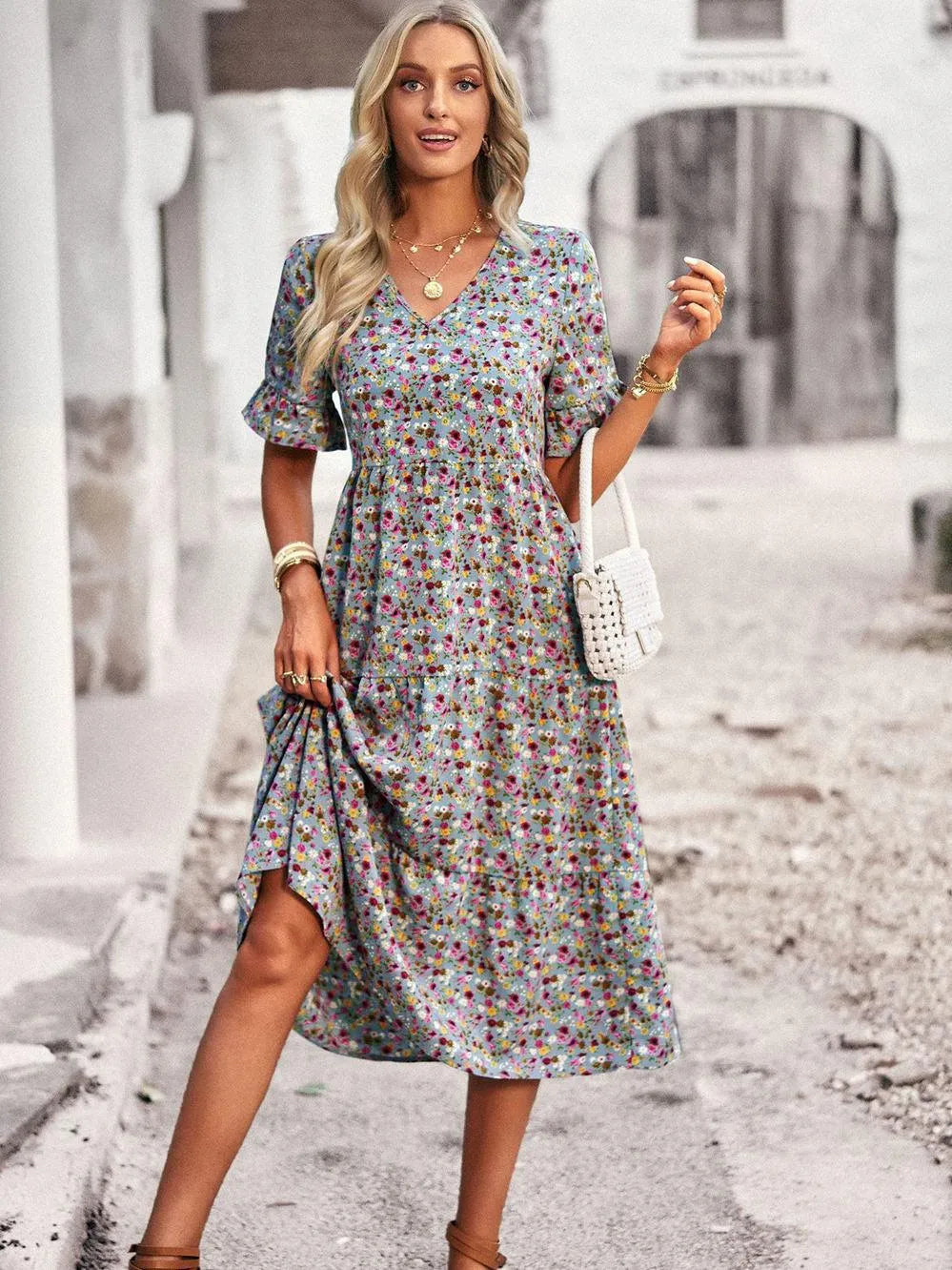 Norielle boho midi šaty květované béžová áčkové
