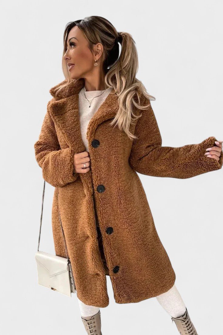 Norielle hnědý teddy kabát ke kolenům s kapsami