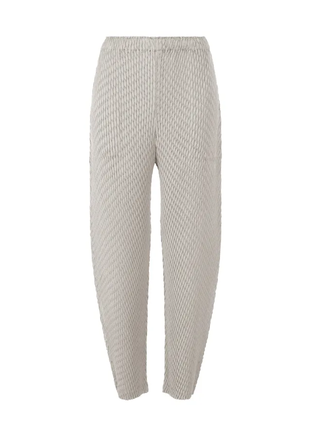 Issey Miyake Sleek Pleats kalhoty světle šedé saténové