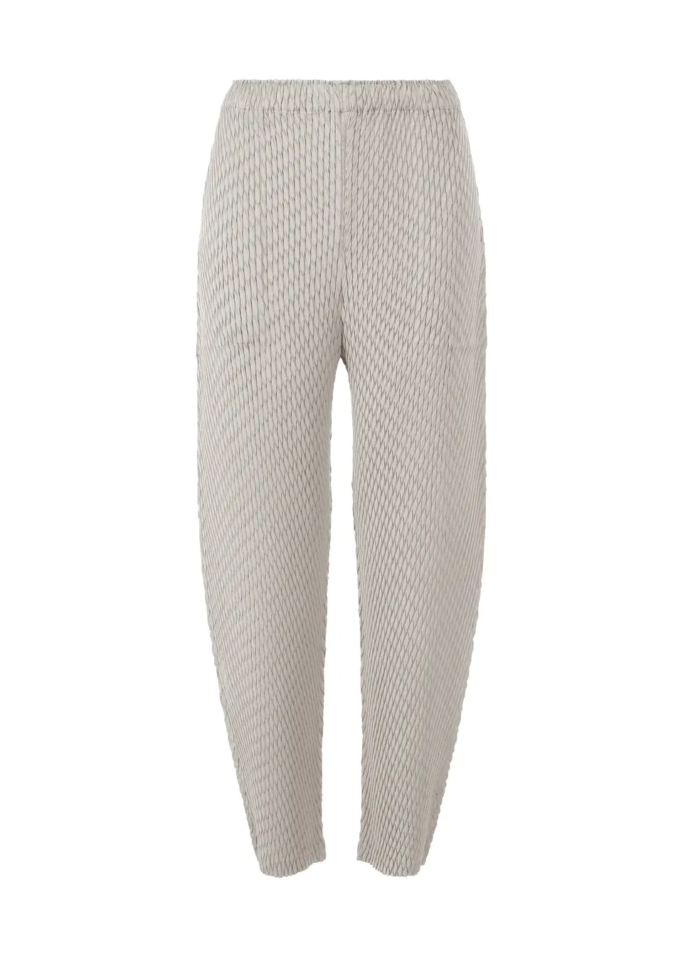 Issey Miyake Sleek Pleats kalhoty světle šedé saténové