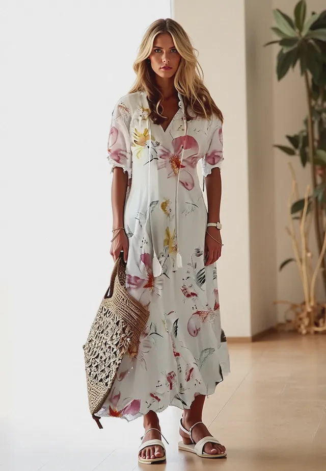 Norielle dlouhé květované boho šaty V výstřih