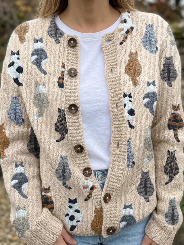 Norielle dámský pletený cardigan s kočkami béžová S