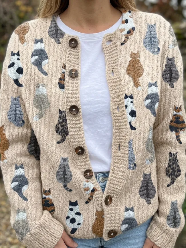 Norielle dámský pletený cardigan s kočkami béžová S