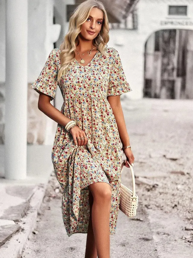 Norielle boho midi šaty květované béžová áčkové