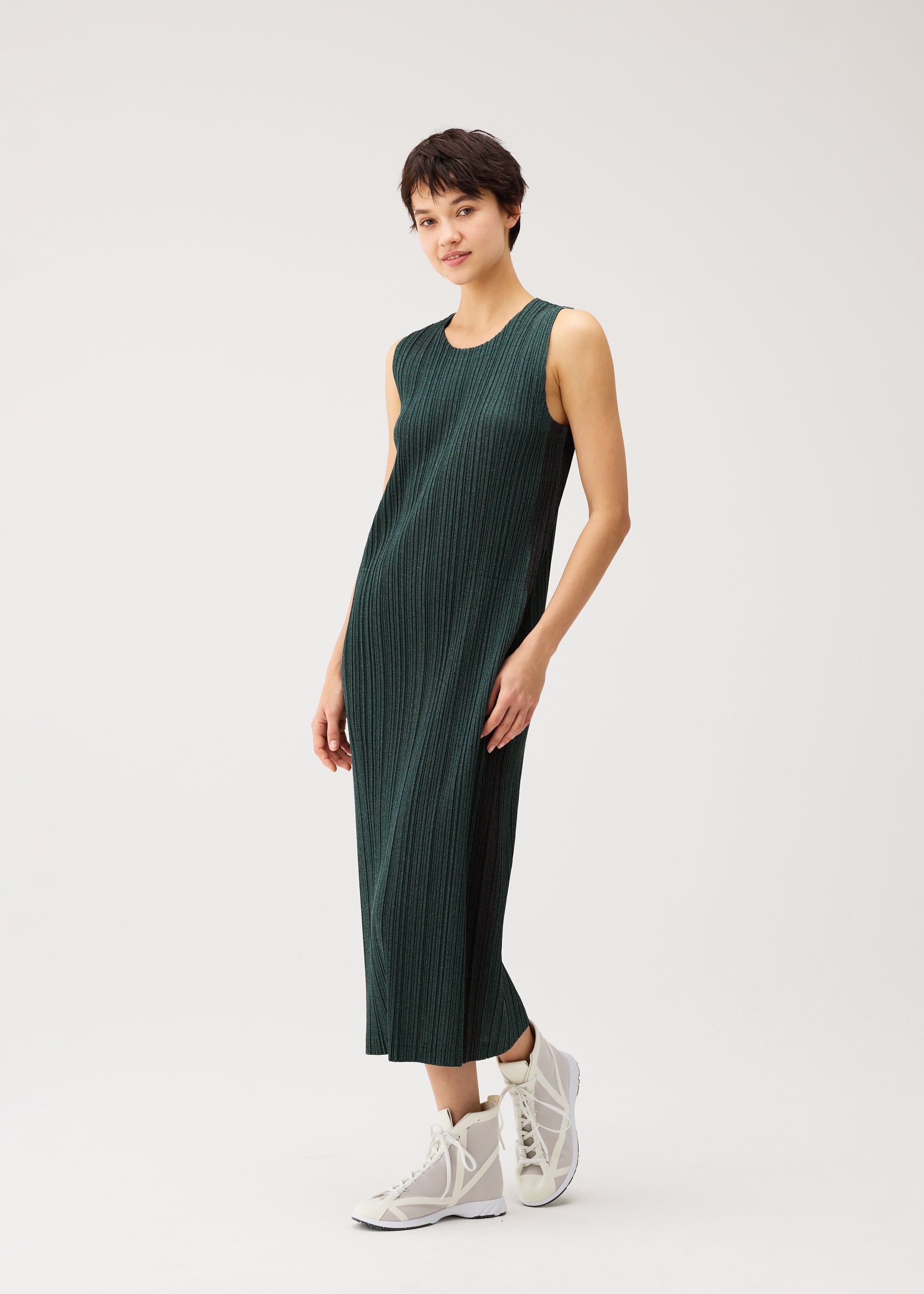 Pleats Please Issey Miyake Cotton Denim šaty tmavě zelené