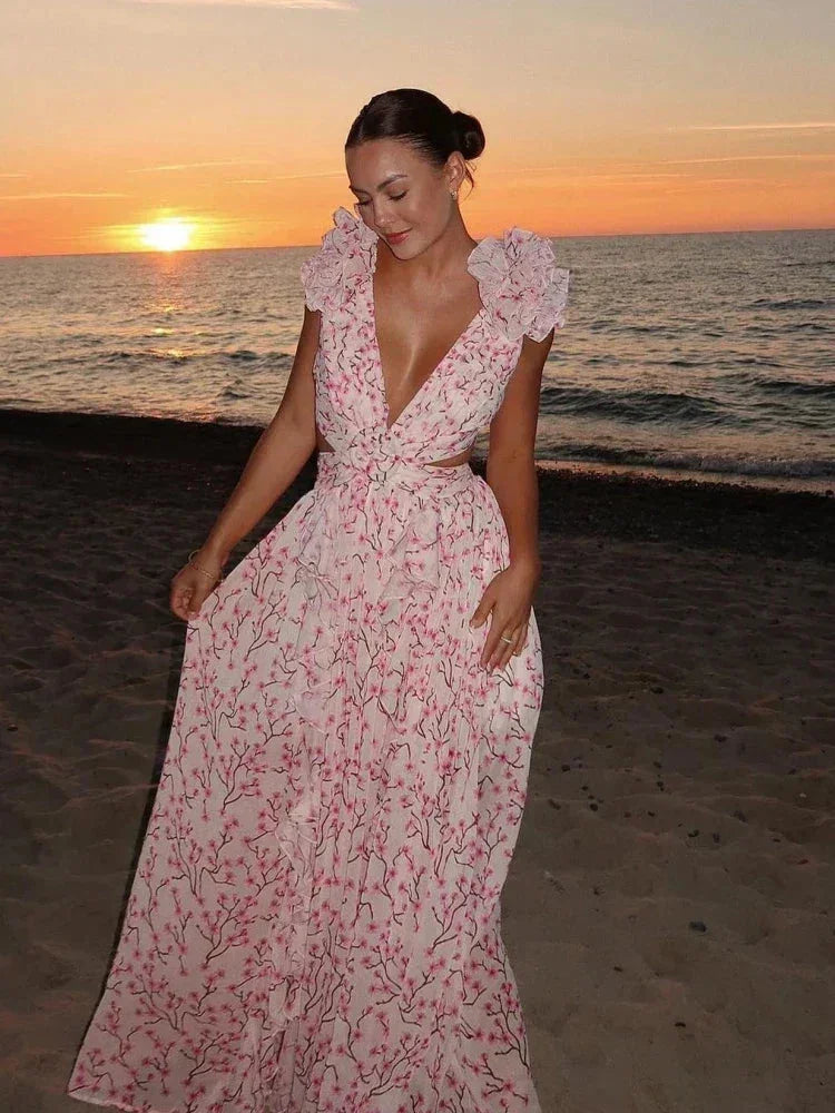 Norielle růžové dámské maxi šaty květované rozparek