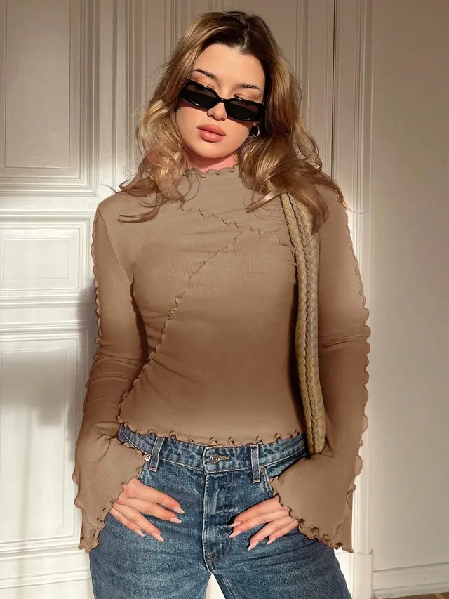 Norielle vroubkovaný top se stojáčkem hnědý S
