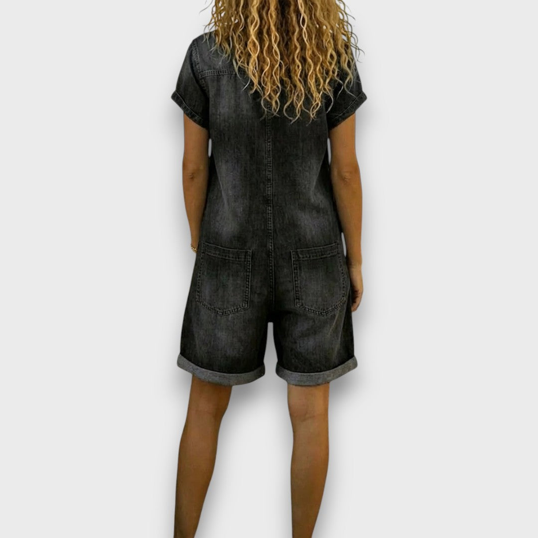 Norielle modrý kraťasový overal denim knoflíky kapsy