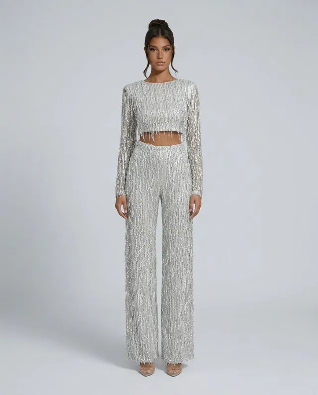 Norielle flitrová souprava crop top a kalhoty stříbrná