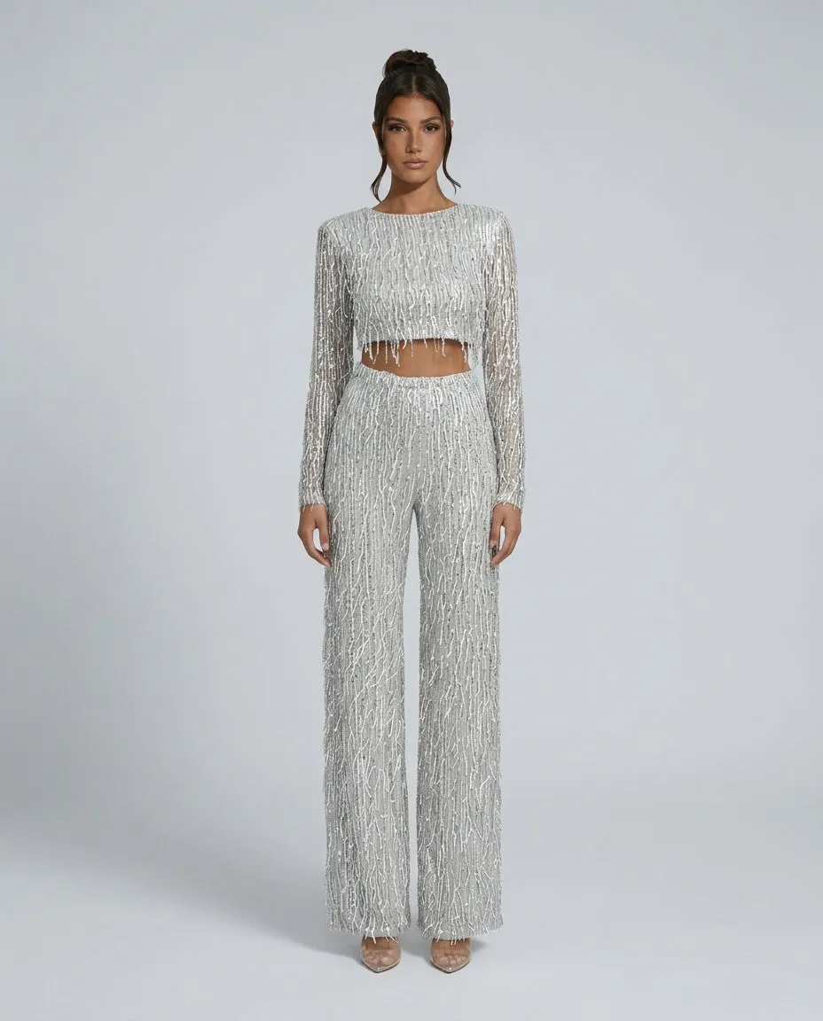 Norielle flitrová souprava crop top a kalhoty stříbrná