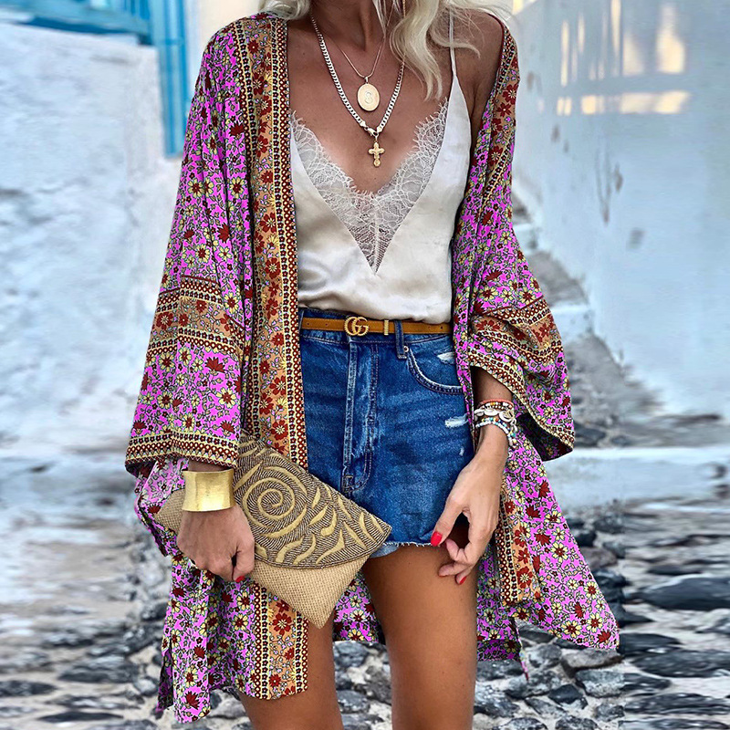 Norielle boho dlouhé kimono s potiskem tyrkysová