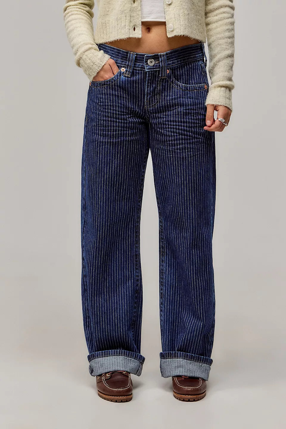 Norielle Vintage baggy džíny šedé pruhované nízký pas