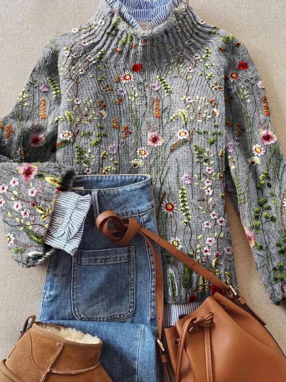 Norielle žebrovaný květovaný svetr multicolor lehký