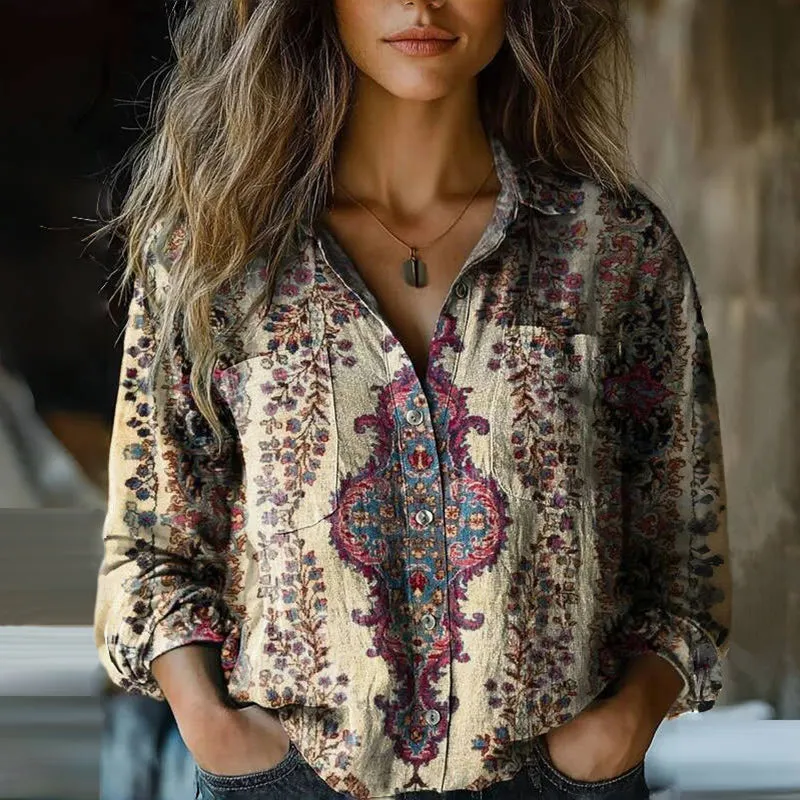 Norielle halenka boho paisley výstřih do V hnědá