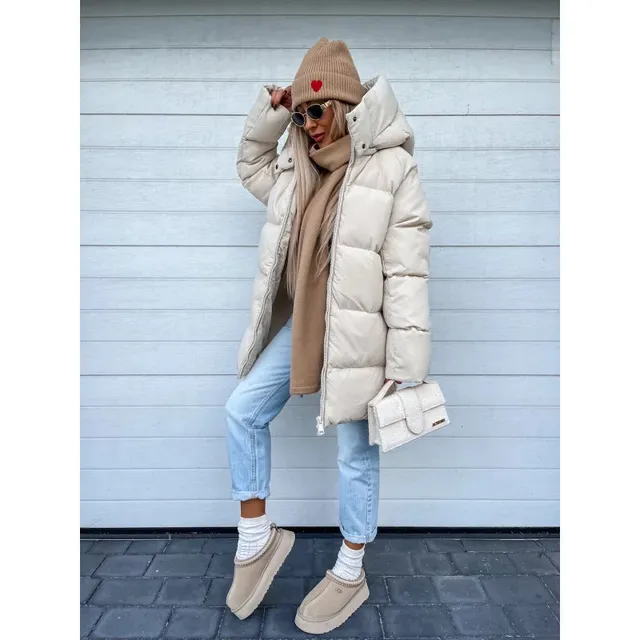 Norielle péřovka dámská oversize béžová s kapucí