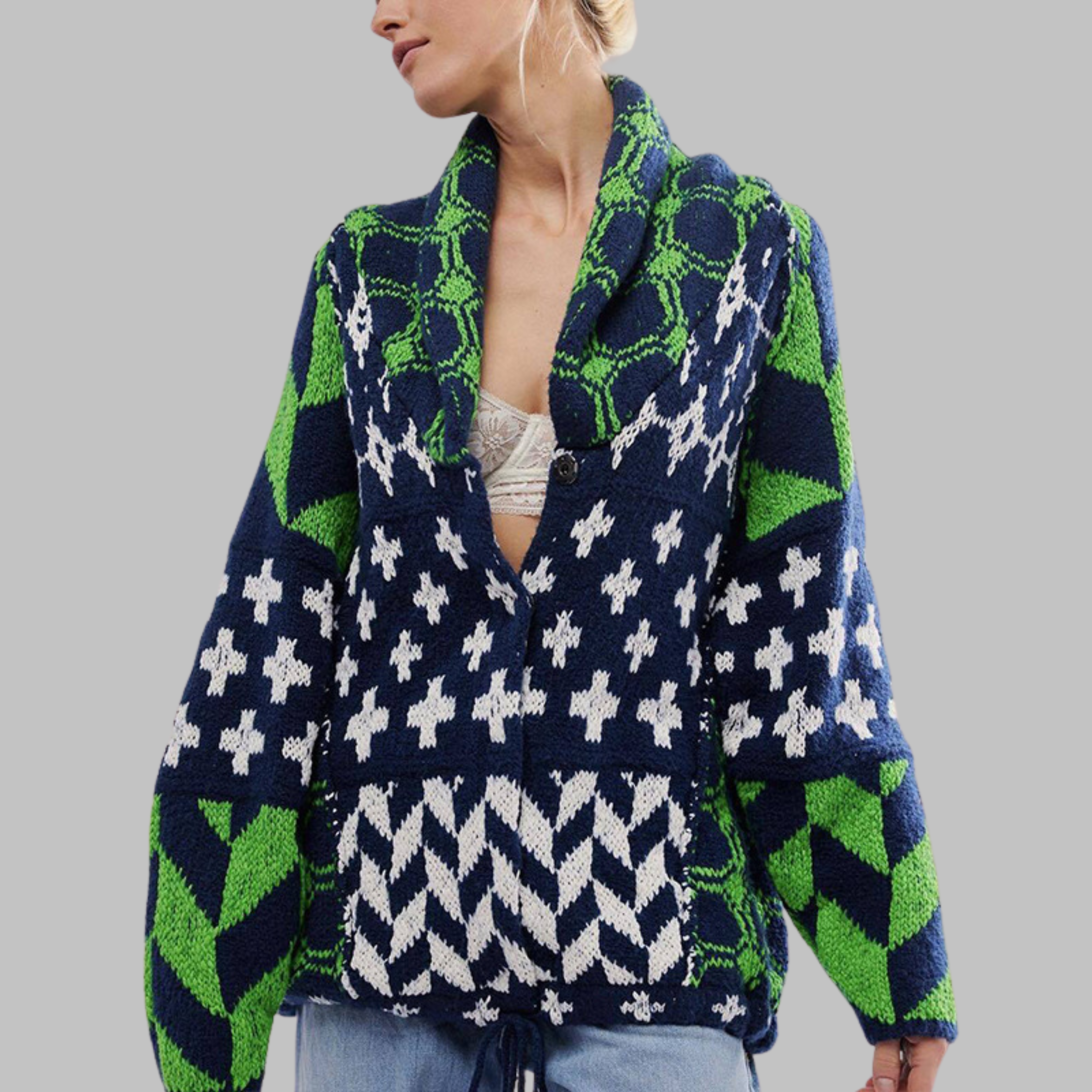 Norielle cardigan oversize modrý geometrický vzor