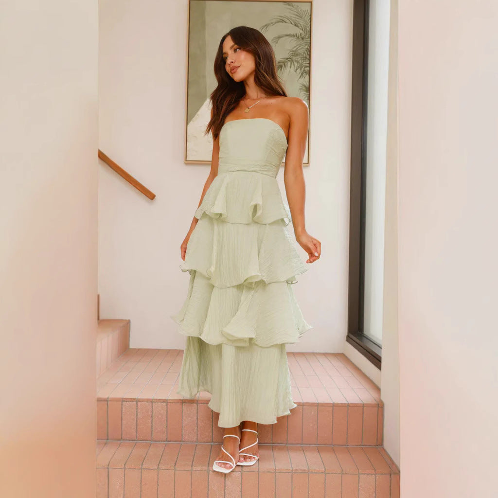 Norielle dlouhé bustier šaty volány růžová
