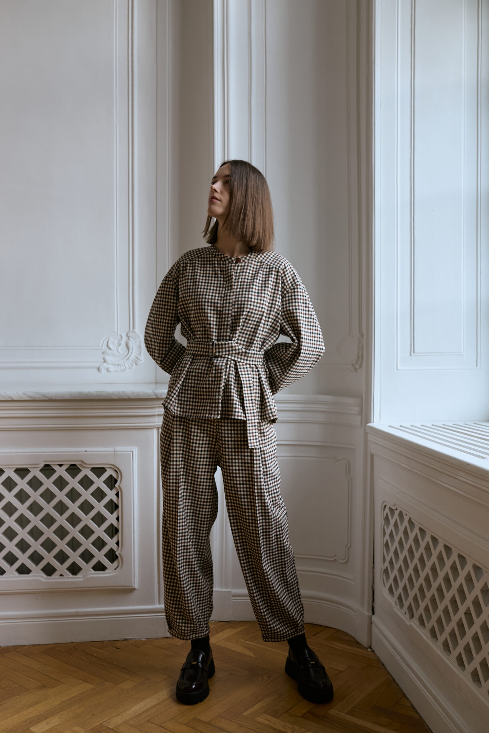 AURELIA & ZWEI FRAUEN Elsa Vintage kalhoty hnědé kostkované