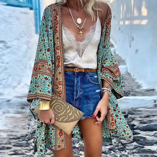 Norielle boho dlouhé kimono s potiskem tyrkysová
