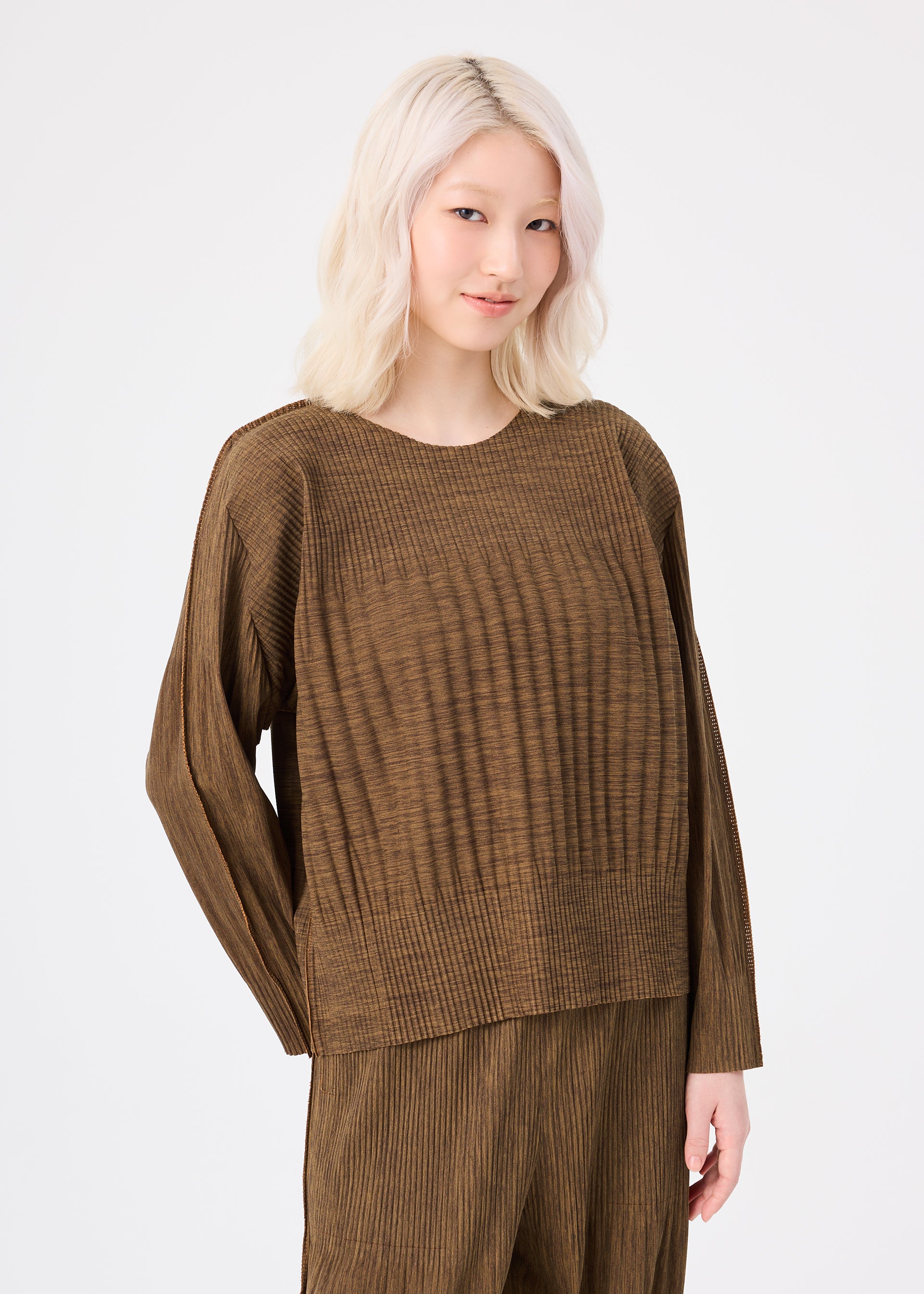 Issey Miyake Mix Fine Knit Pleats top Taupe dlouhý rukáv