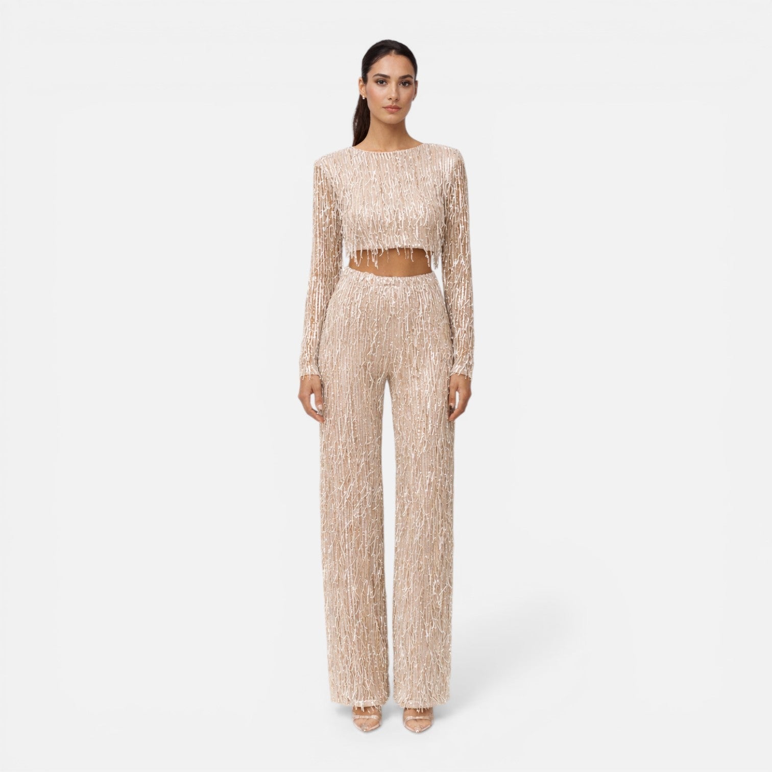 Norielle flitrová souprava crop top a kalhoty stříbrná