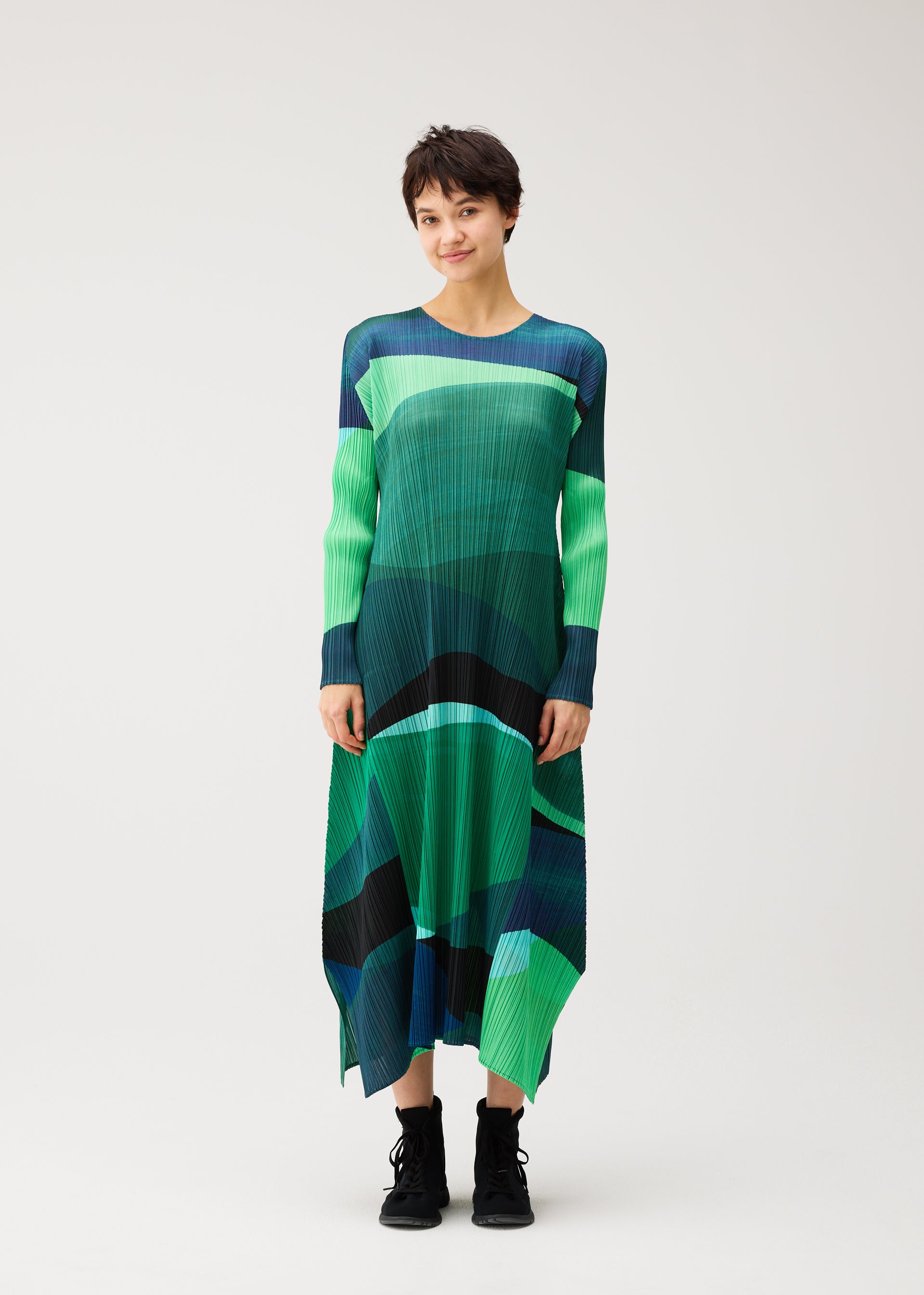 Issey Miyake Orbit šaty zelené pletené s dlouhým rukávem