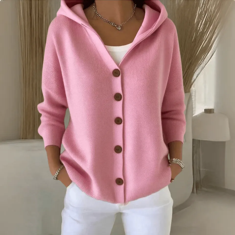 Norielle pletený cardigan s kapucí na knoflíky růžový