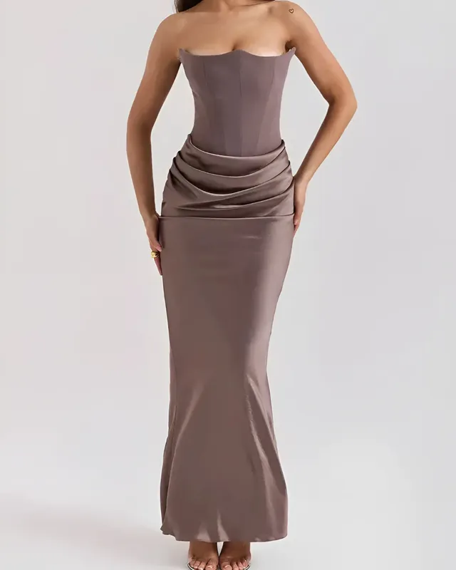Norielle dlouhé šaty bustier hnědá řasení v pase