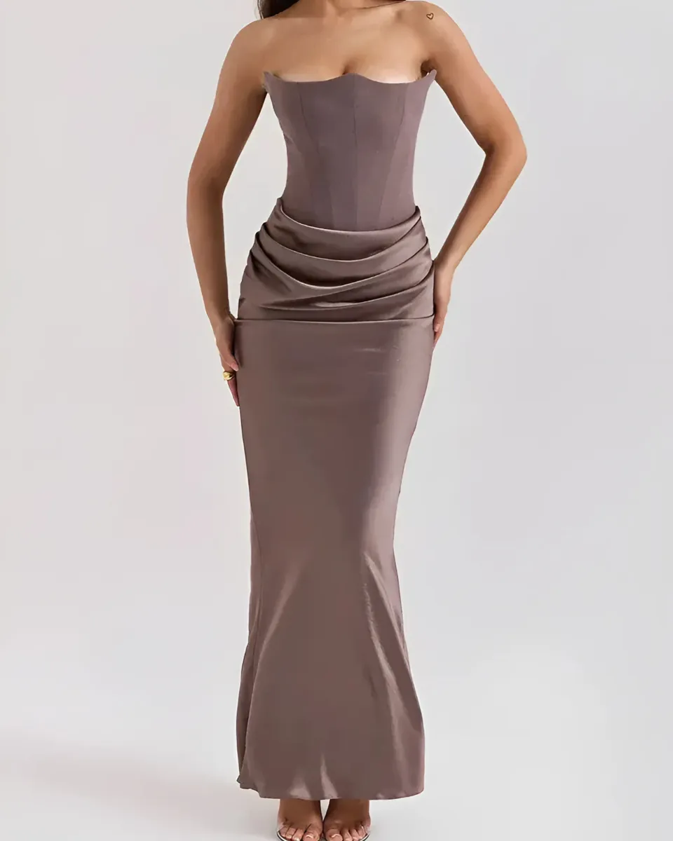 Norielle dlouhé šaty bustier hnědá řasení v pase