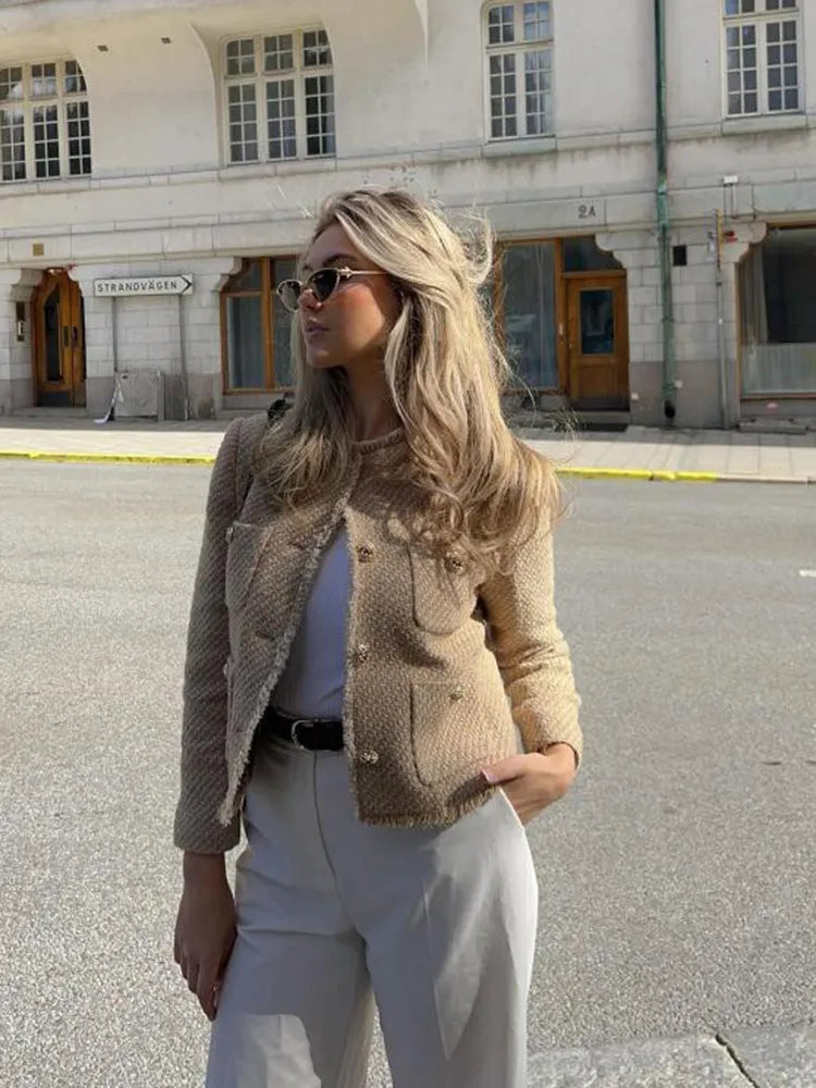 Norielle tweedové sako krátké hnědé elegantní
