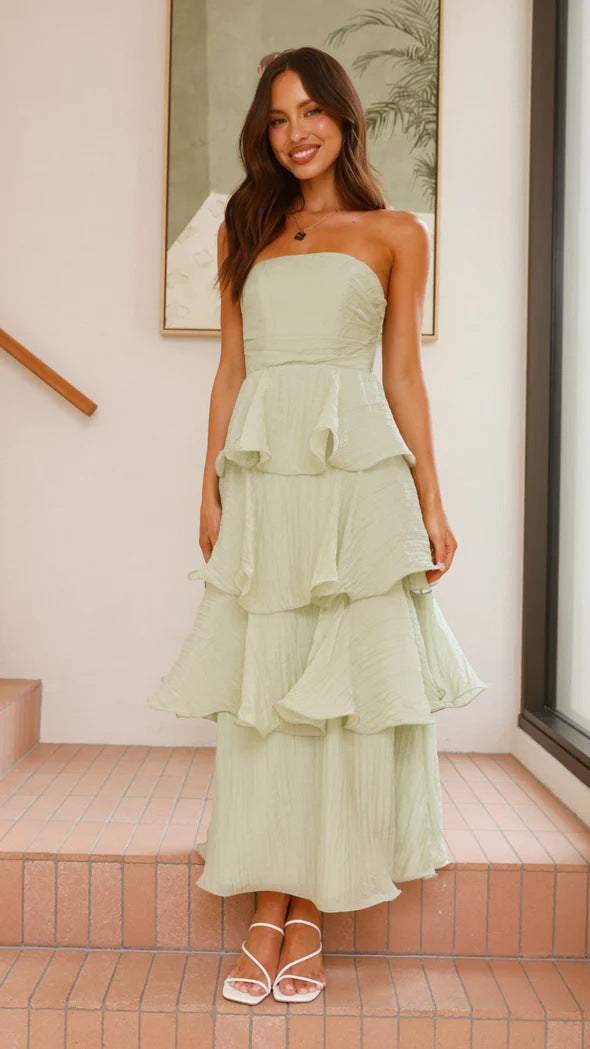 Norielle dlouhé bustier šaty volány růžová