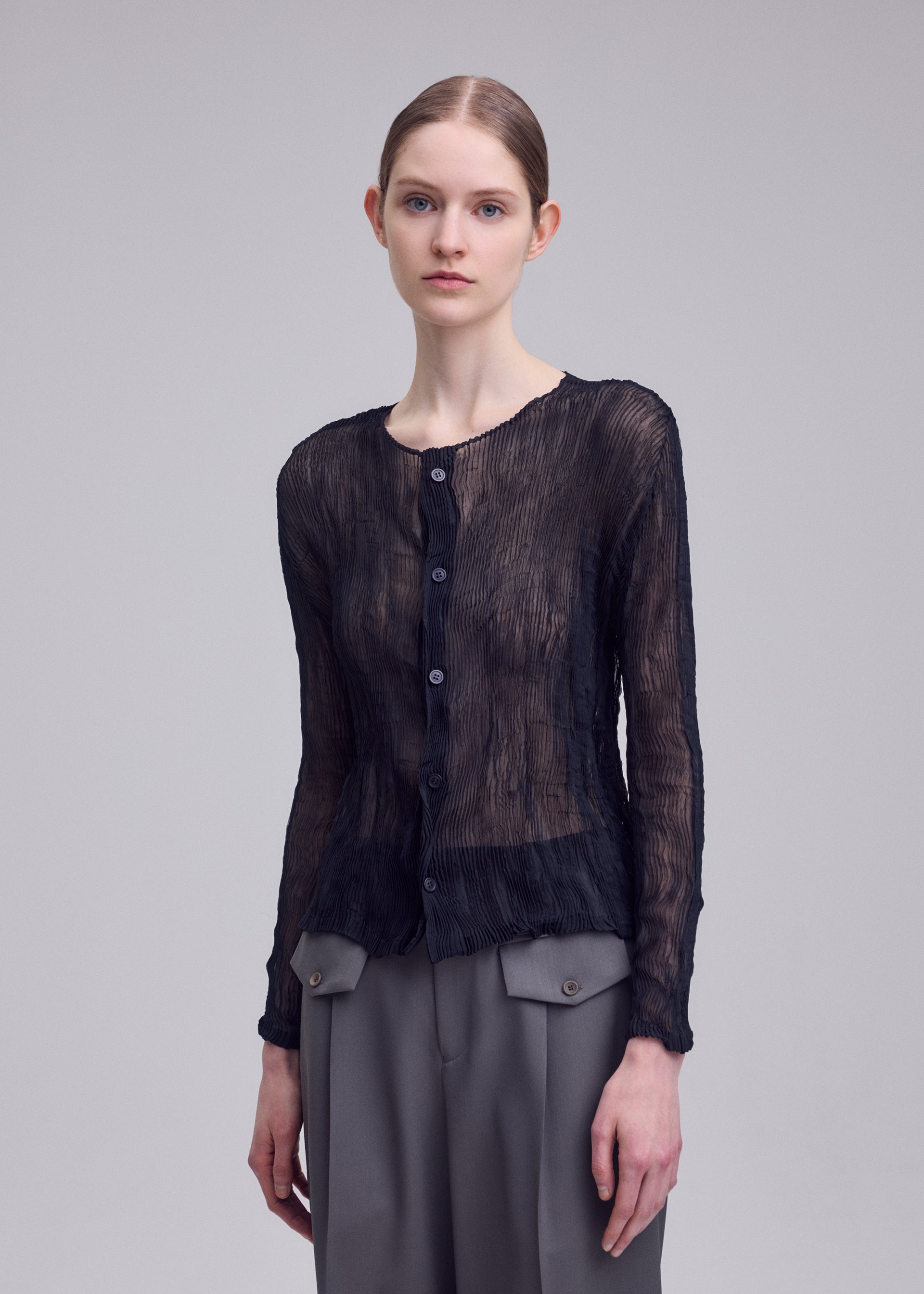 Issey Miyake Chiffon Twist BK/WT-68 kardigan černá průsvitný