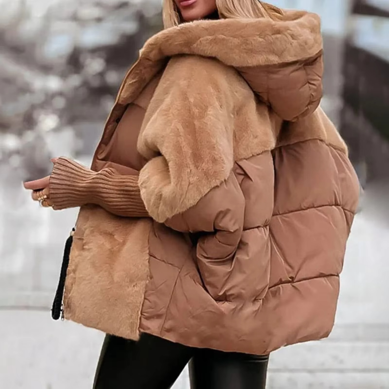 Norielle krátká oversize bunda s kapucí béžová teplá