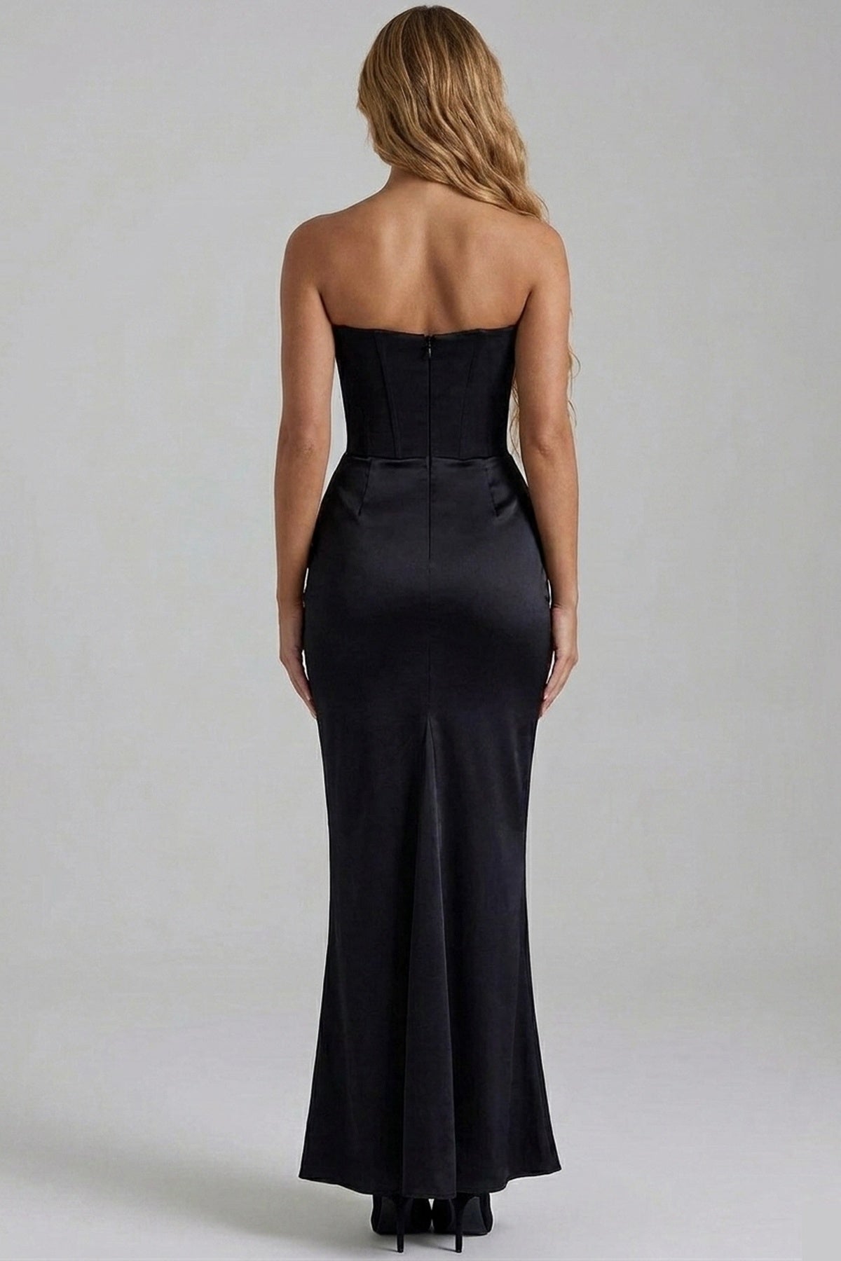 Norielle saténové dlouhé šaty bustier černé drapované