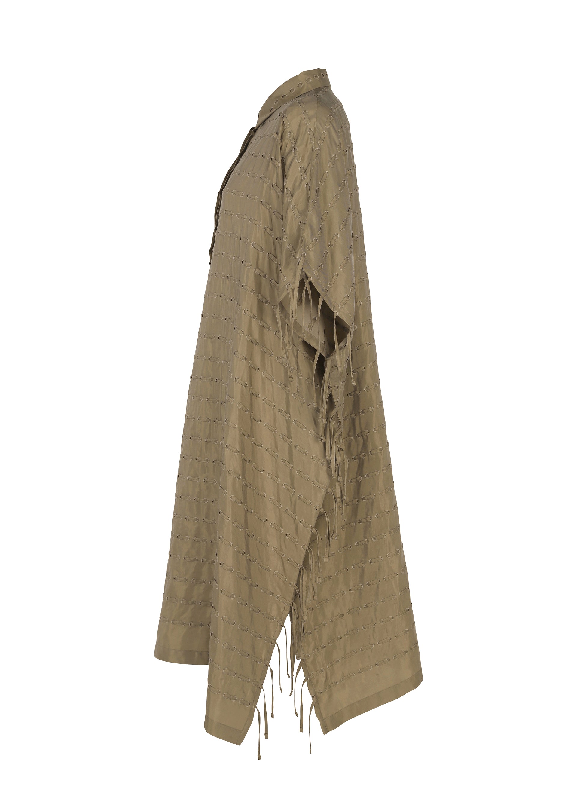 Issey Miyake Hole & Line šaty pončo khaki vel. 2 s výšivkou