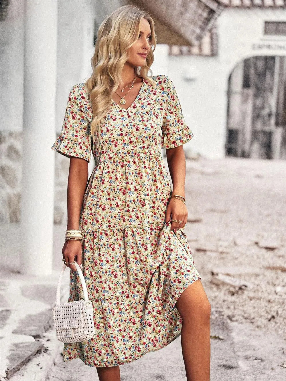 Norielle boho midi šaty květované béžová áčkové