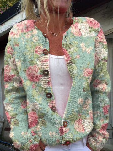 Norielle květovaný pletený cardigan zelený na knoflíky