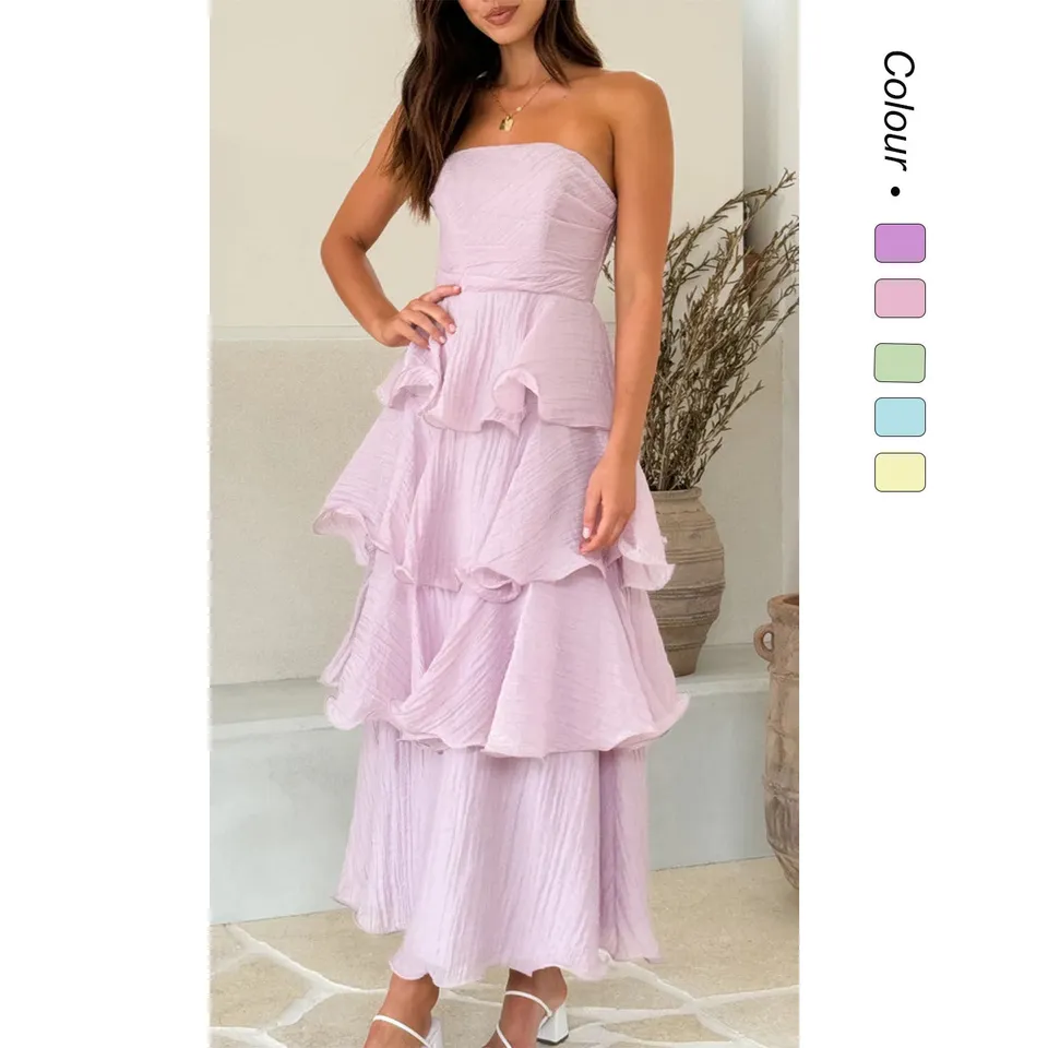 Norielle dlouhé bustier šaty volány růžová