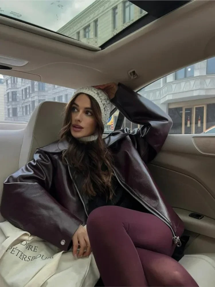 Norielle krátká oversize bunda z eko kůže hnedá