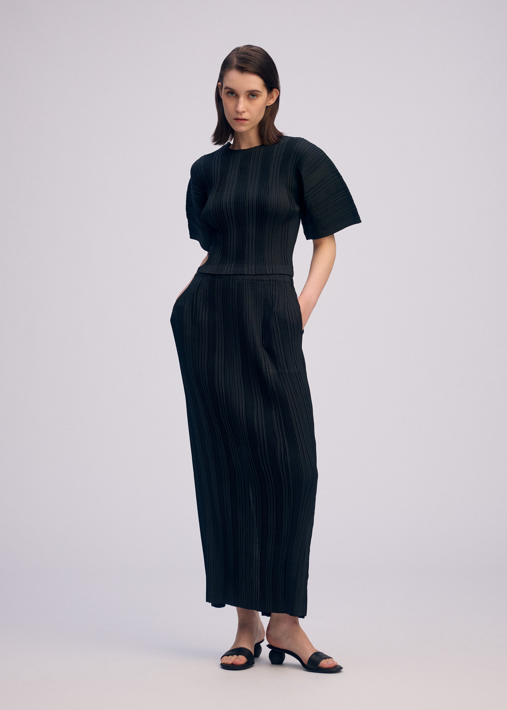 Issey Miyake Linen Rib Pleats sukně černá dlouhá