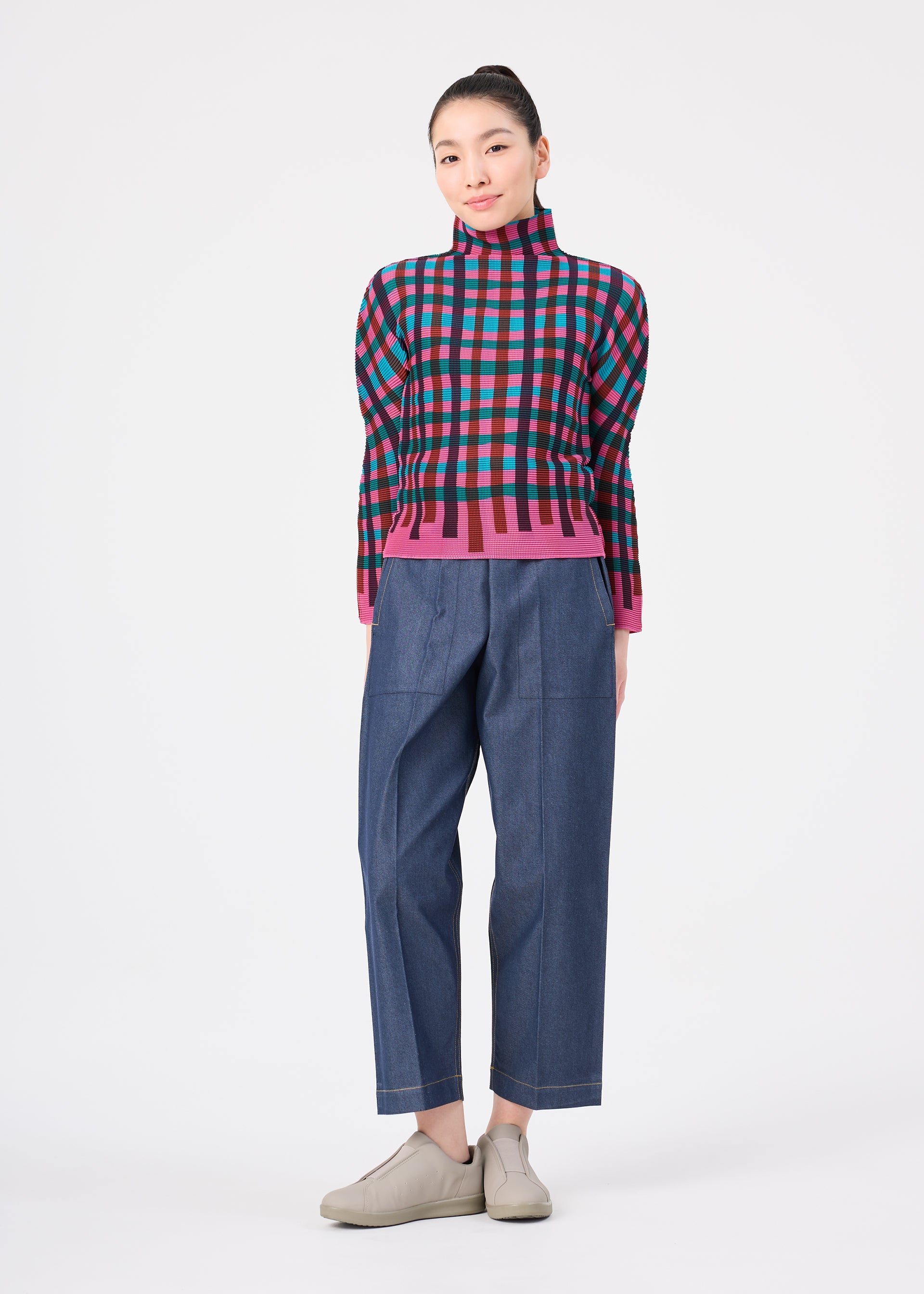Issey Miyake Tape Check top pink-hued stretch plisé