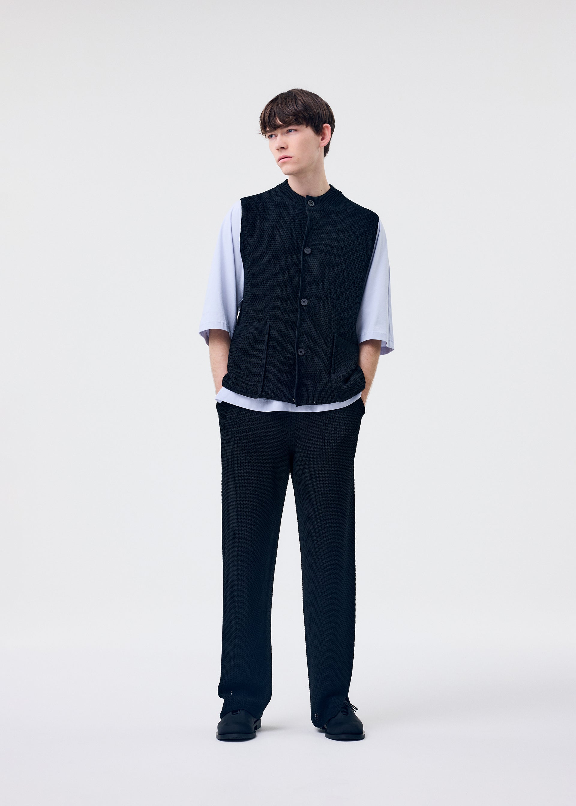 Issey Miyake Homme Plissé Rustic Knit pletené kalhoty bílo-modré