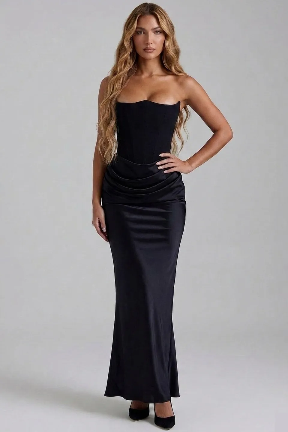 Norielle saténové bustier šaty dlouhé černé