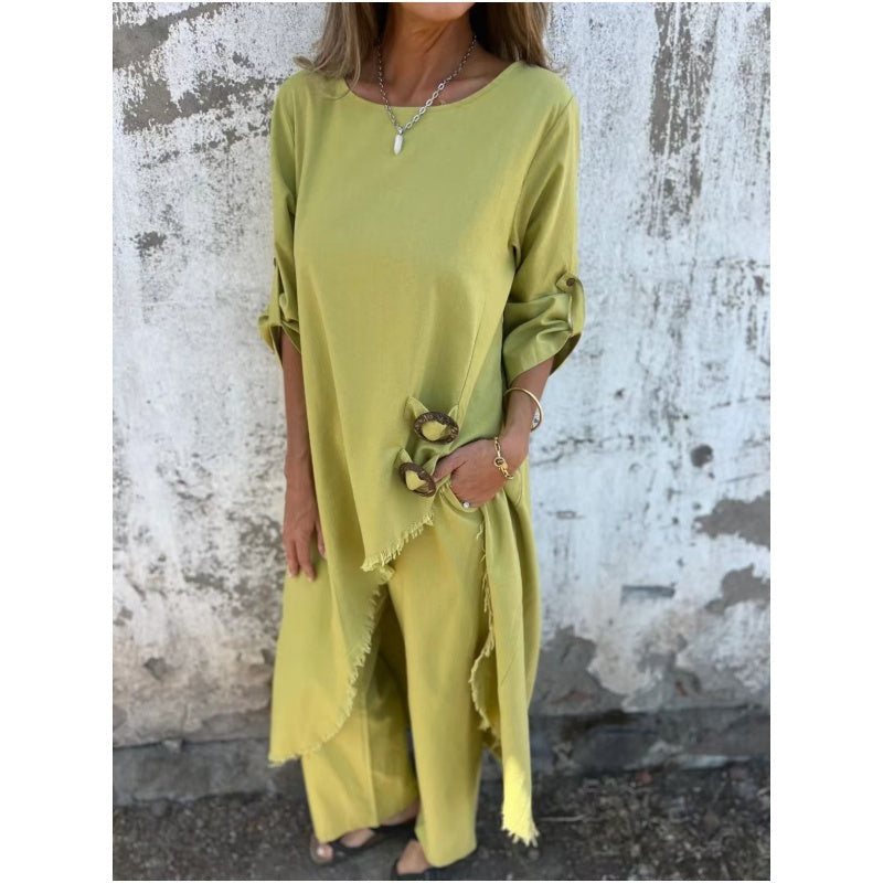 Norielle oversize boho souprava s kalhotami žlutá