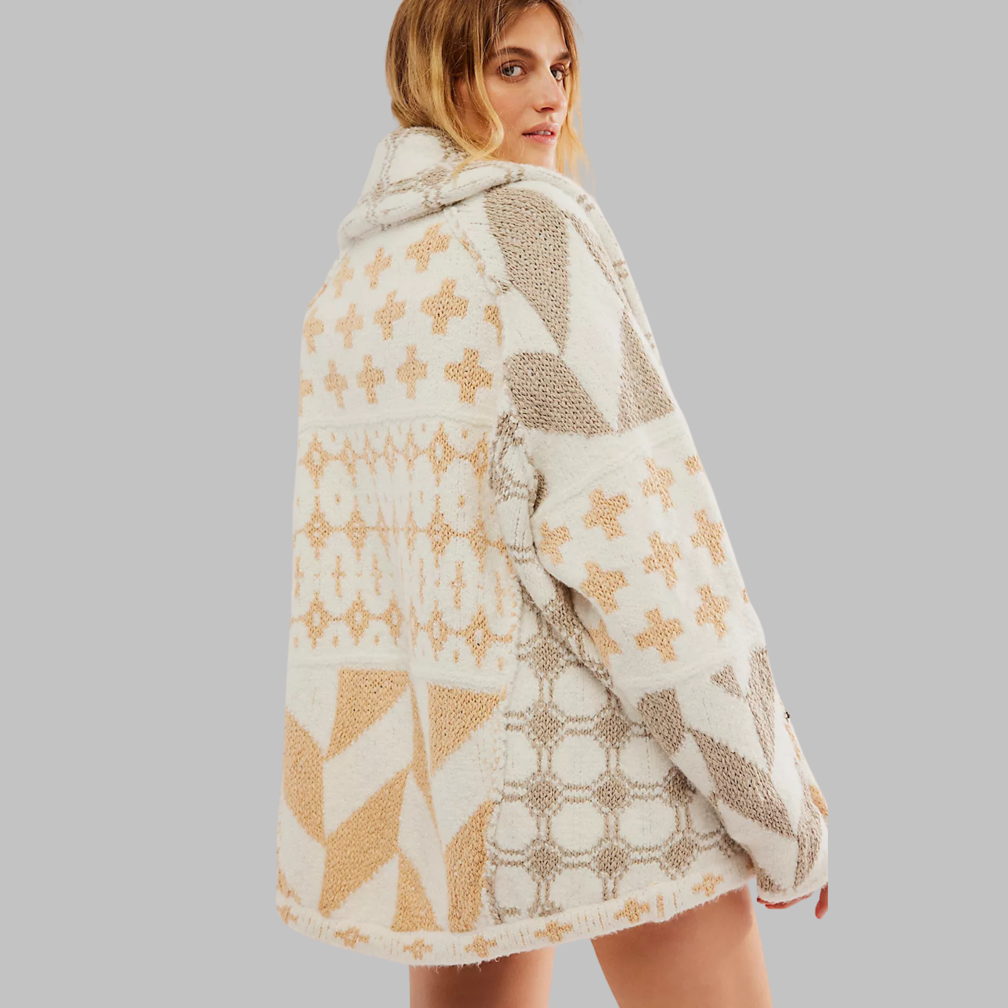 Norielle cardigan oversize modrý geometrický vzor